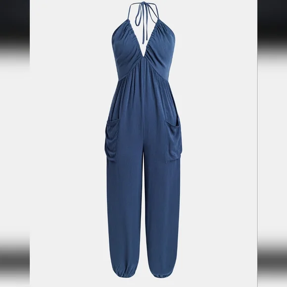 Cupshe Navy Halter Wide-Leg Jumpsuit with Pockets - Picture 4 of 12